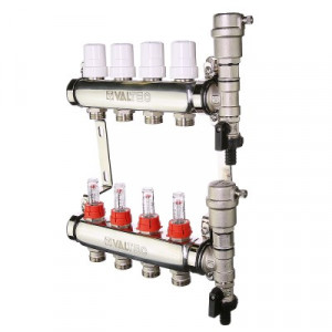 VTc.589.EMNX.0608 Коллекторный блок из нержавеющей стали с регулировочными клапанами и расходомерами Valtec 1", 8 x 3/4", «евроконус»