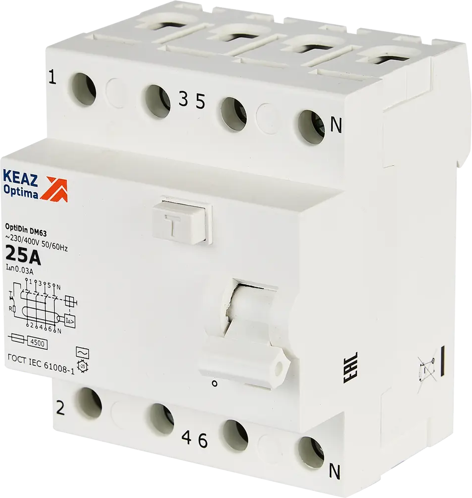 КЭАЗ УЗО 4-полюсное 25А с защитой от утечек тока 30мА 89341825