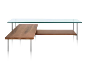 Металлический и стеклянный L-образный журнальный столик с полкой