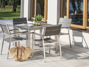 98.00.0860 Обеденный набор Small Brisbane из нержавеющей стали, 5 предметов. - включая 4 кресла из нержавеющей стали Brisbane / Resysta Stone Grey, 1 стол из нержавеющей стали Kennedy 90 × 90 Mbm
