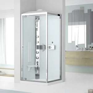 Novellini. Душевая кабина термостатическая 80x80 GF80 HYDROMASSAGE с высоким душевым поддоном, серебристым профилем и крышей с парогенератором GLAX 3