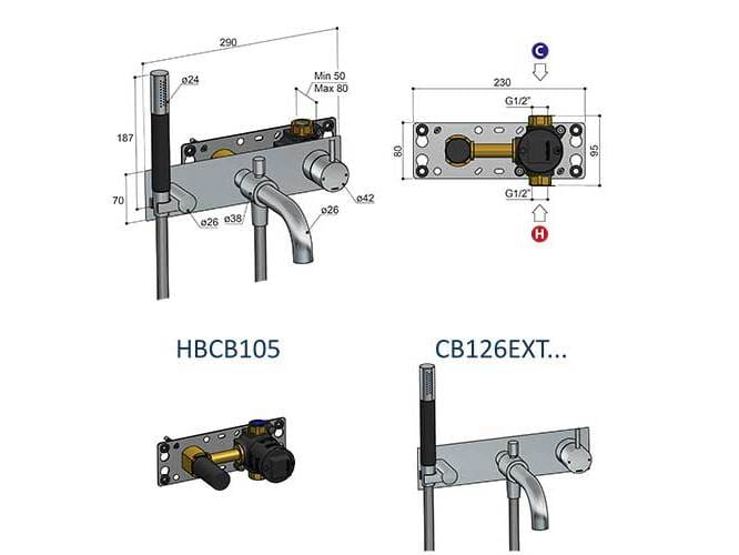 Смеситель для ванны из латуни с ручным душем и шлангом Hotbath Cobber ARCH-00003006 - Вид №1