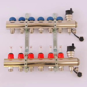 Коллекторная группа TOPWAY с термостатическими вентилями и расходомерами с резьбой под евроконус EMMETI 1"x3/4"ЕК 6 выходов