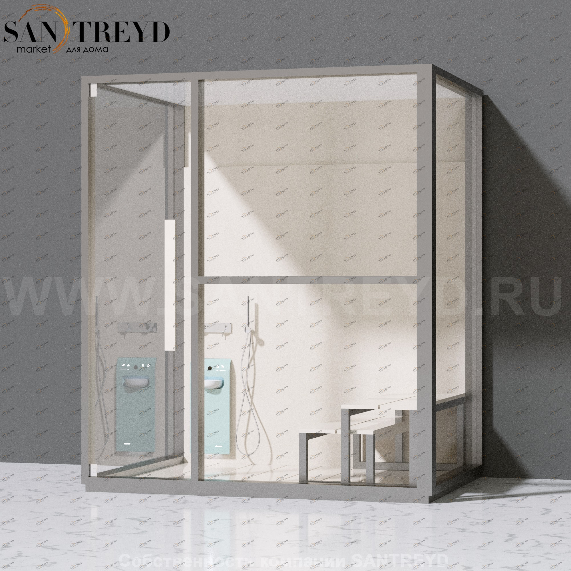 Effegibi H LARGE LO80010001 Комбинированная баня: хаммам и душ. Установка: к стене. Правая дверь. Мощность: 4,5 кВт макс. Размеры: длина 173 см, ширина 102 см. Отделка: матовый лакированный серый аллюминий и бежевый ламинат из керамогранита.