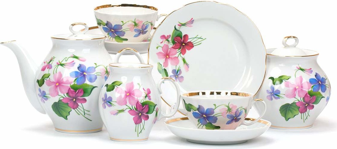 10631336 Дулевский фарфор Сервиз чайный 6/15 "Белый лебедь" "Фиалки" Фарфор 