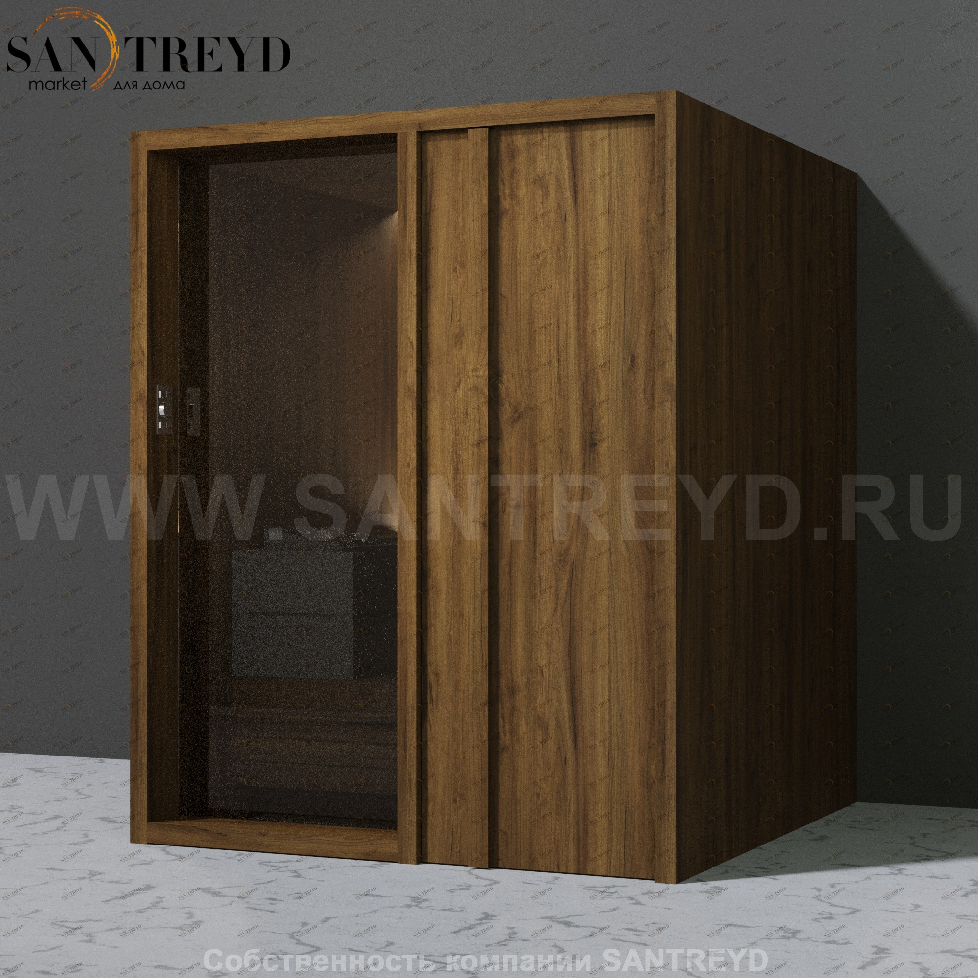 Effegibi YOKU.D60 SA.70200013 Сауна с правой дверью. Мощность: 6 кВт макс. Размеры: длина 174 см, ширина 170 см. Отделка: чёрный орех SA70200013