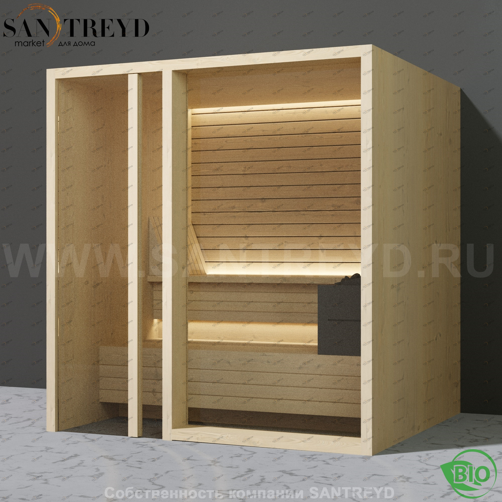 Effegibi YOKU.G80 BI.70300010 Био-сауна с левой дверью. Мощность: 9 кВт макс. Размеры: длина 202 см, ширина 180 см. Отделка: осина термообработанная BI70300010