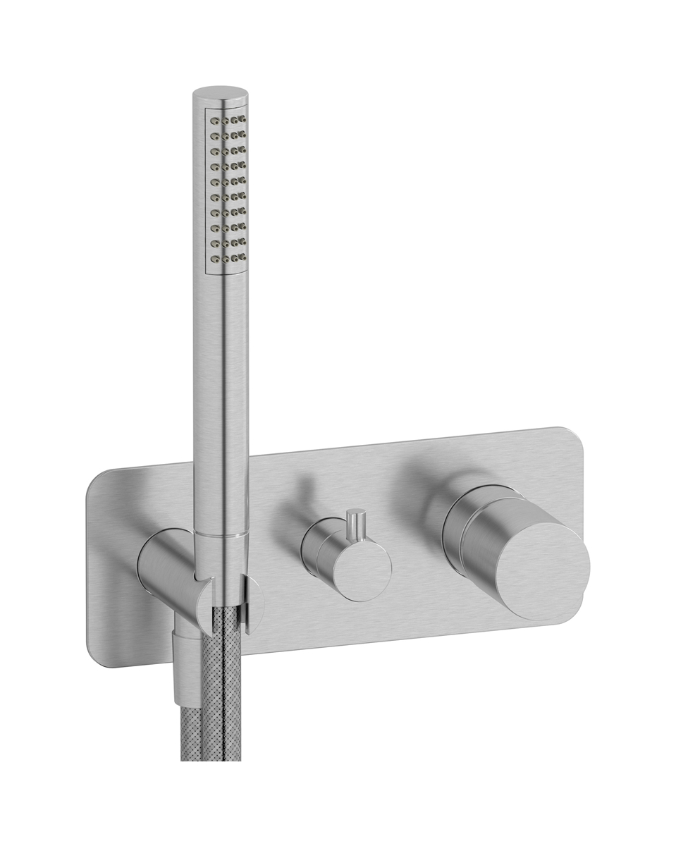 Внешние части встроенного в стену смесителя на 3 потребителя в комплекте с душевым гарнитуром. WE ARE IB rr314ss Brushed Nickel Brera
