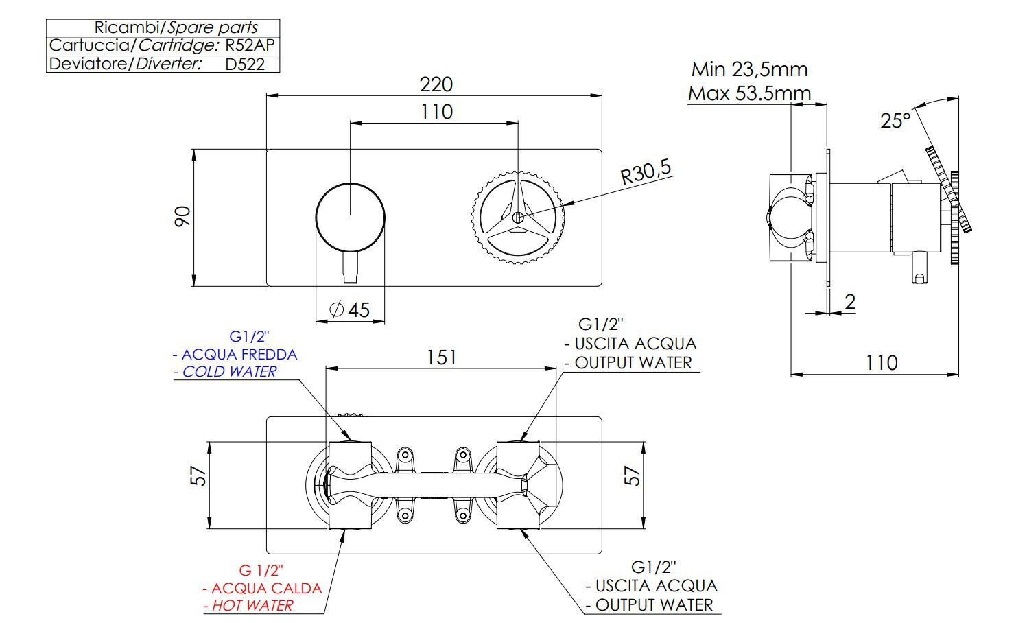 Однорычажный встраиваемый смеситель для душа с переключателем Remer Rubinetterie Chrono ARCH-00057131 - Вид №2