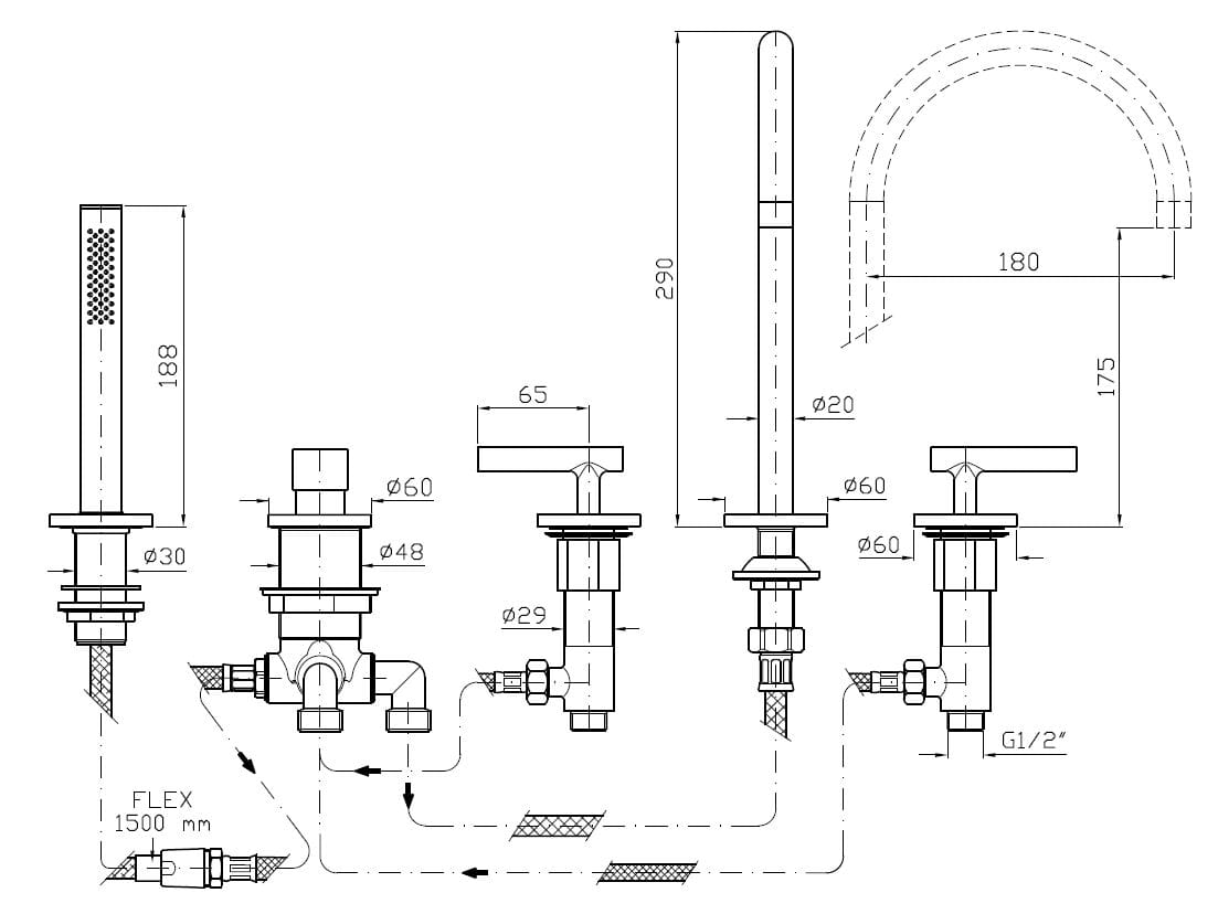 Смеситель для ванны с 5 отверстиями и ручным душем Zucchetti Pan S ARCH-00096596 - Вид №10