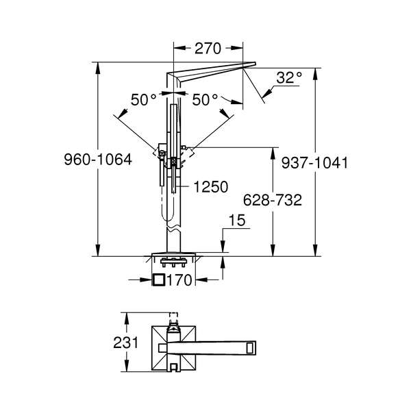 Смеситель для ванны GROHE Allure Brilliant с душевым гарнитуром, верхняя монтажная часть, напольный монтаж, темный графит глянец (23119A00) - Вид №1