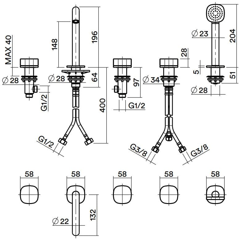 Смеситель для ванны с 5 отверстиями из нержавеющей стали с ручным душем Quadrodesign супер ARCH-00113162 - Вид №2