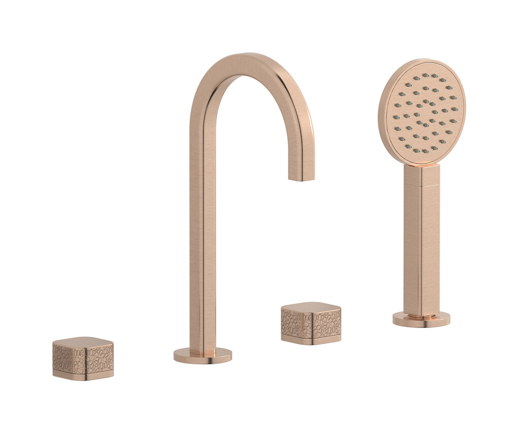 Смеситель на бортик ванной на 4 отверстий с дивертером и душевым гарнитуром. WE ARE IB eo396sr_2 Brushed Rose Gold Elio