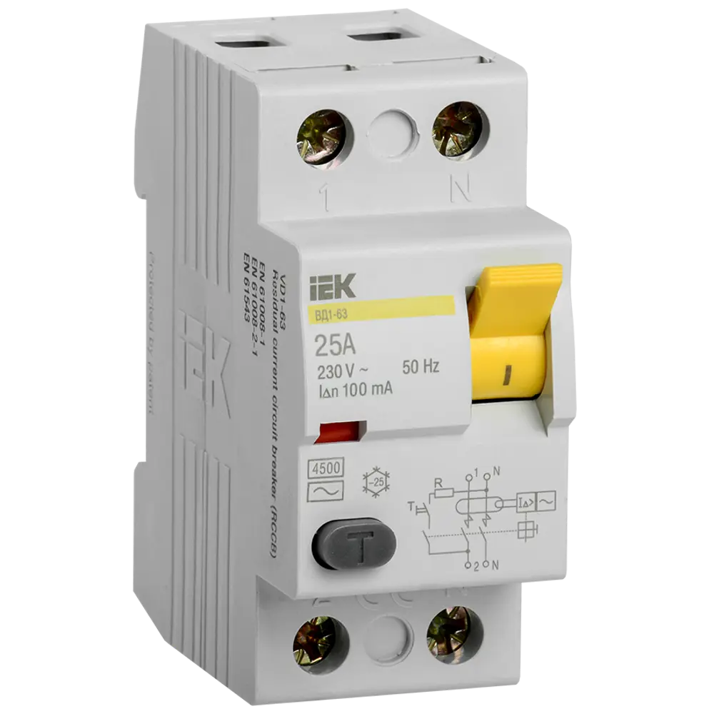 УЗО IEK ВД1-63 2Р 25 А 100 мА 4.5 кА AC MDV10-2-025-100 84284610 STLM-2195842  - Вид №1