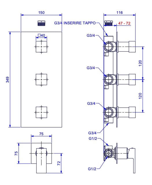 Встраиваемый однорычажный смеситель для душа с 3 стопорными кранами Bugnatese Tetris ARCH-00046381 - Вид №1