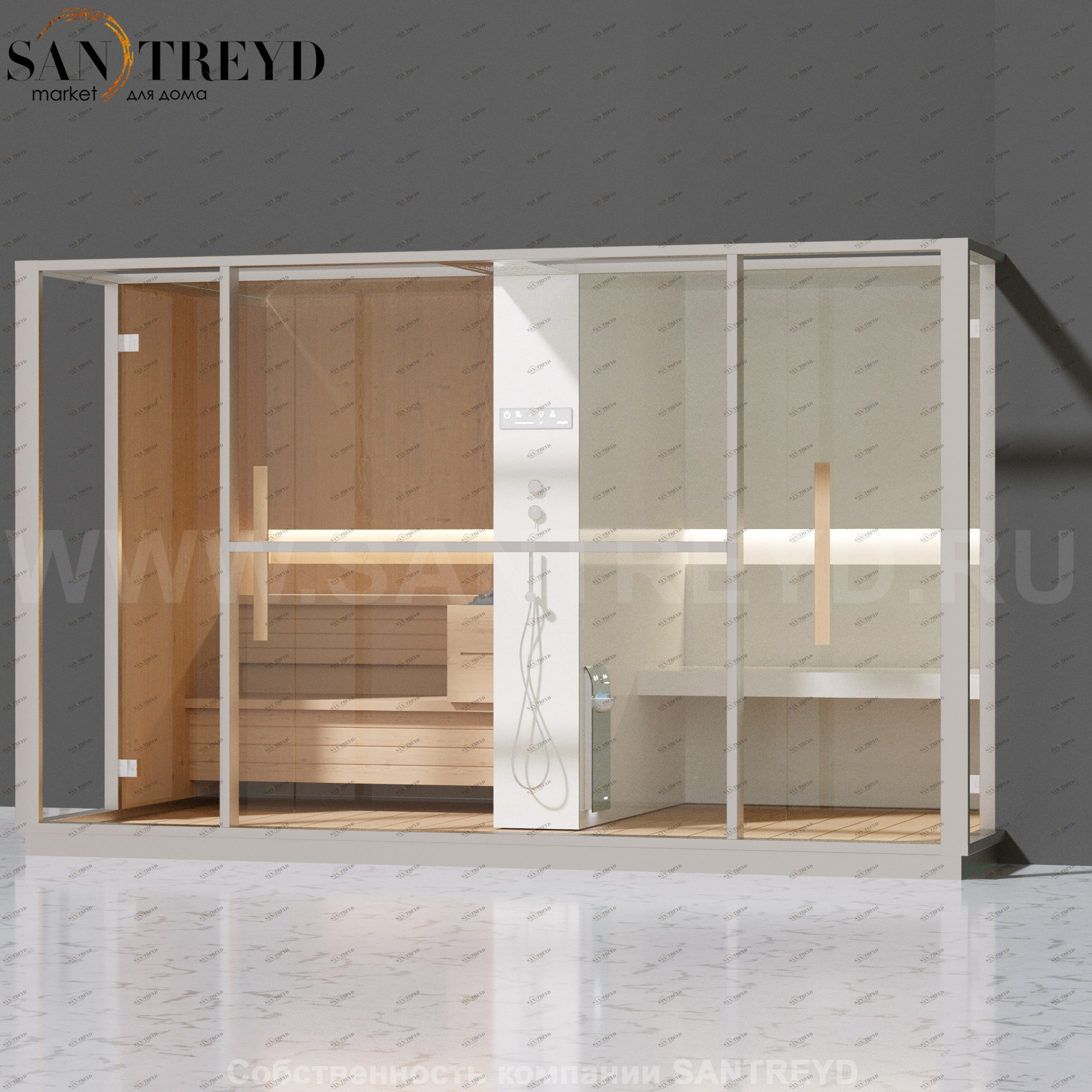 Effegibi LOGICA LO10020005 Комбинированная баня: хаммам и сауна. Установка: в правый  полуугол. Мощность: 10,5 кВт макс. Размеры: длина 373 см, ширина 250 см. Отделка: канадский хемлок, матовый лакированный белый аллюминий и серый ламинат из керамогранита