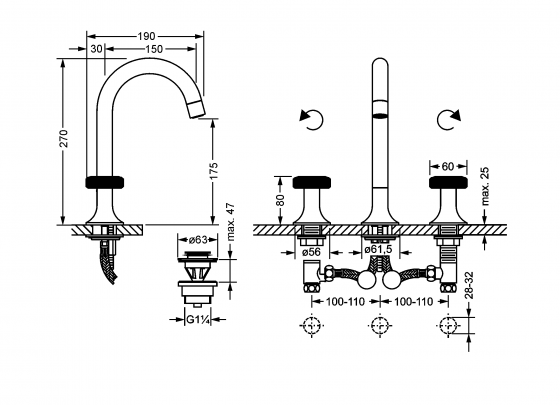 Смеситель для раковины на три отверстия ½" JOERGER Valenciaновинка 638.30.300.000-AA - Вид №1