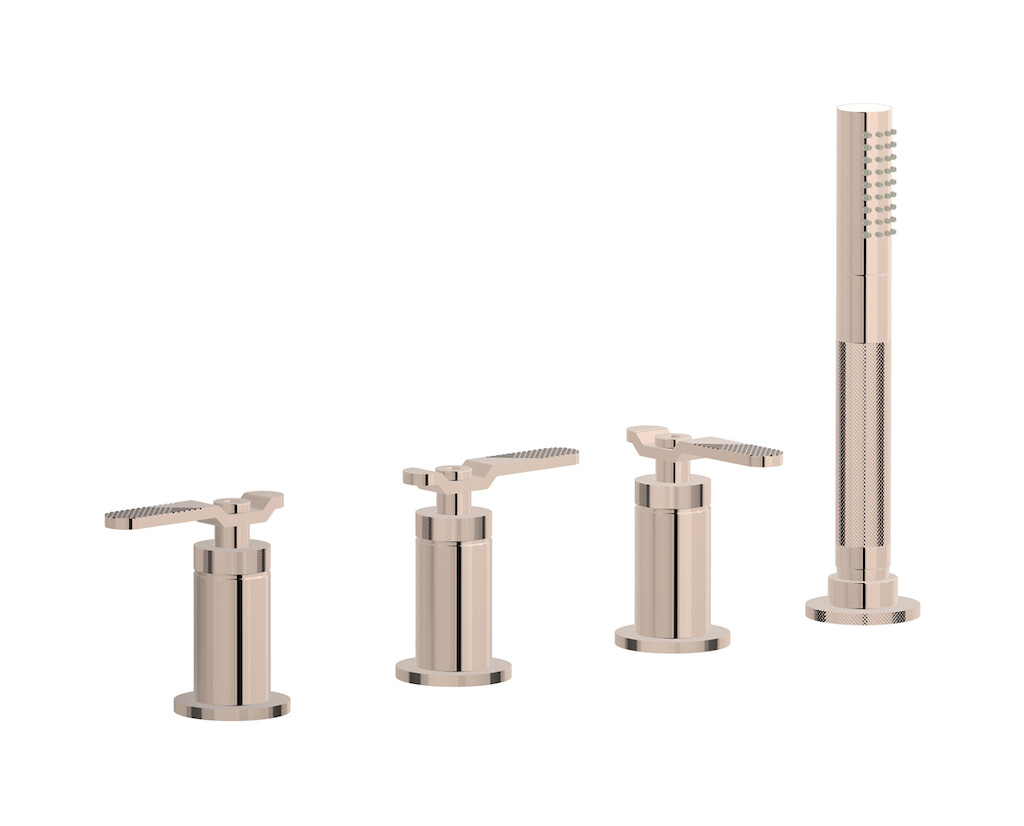 Смеситель на бортик ванной на 4 отверстия с изливом, дивертером и душевым гарнитуром. WE ARE IB b2397rs Rose Gold Bold