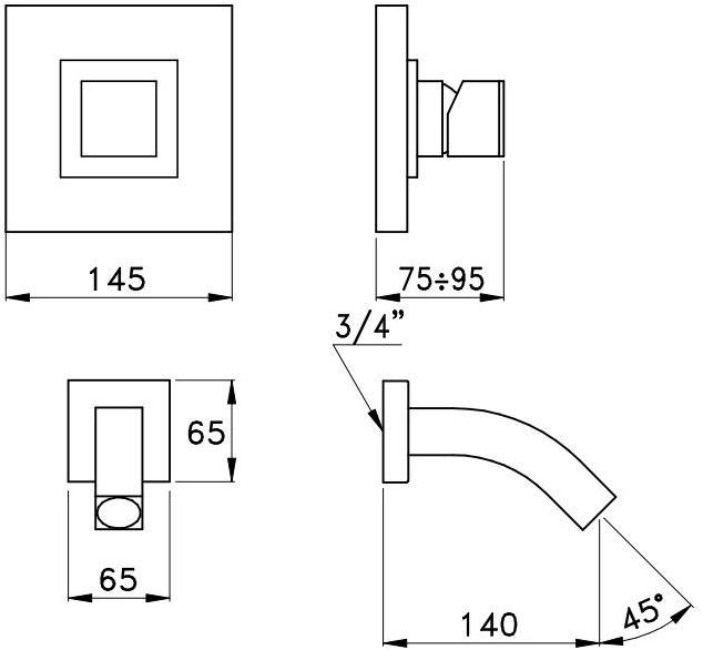 RUBINETTERIE STELLA Смеситель для ванны настенный на 2 отверстия Bamboo quadro sun-id-1355042 - Вид №1