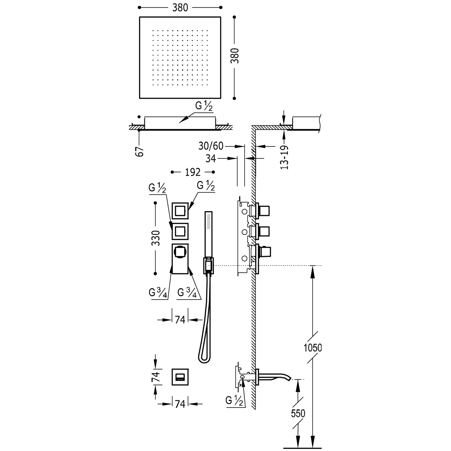 BLOCK SYSTEM Kit de grifo termostático empotrado de 3 vías Block System para bañera y ducha-20625302 TRES Thermostatic - Вид №1