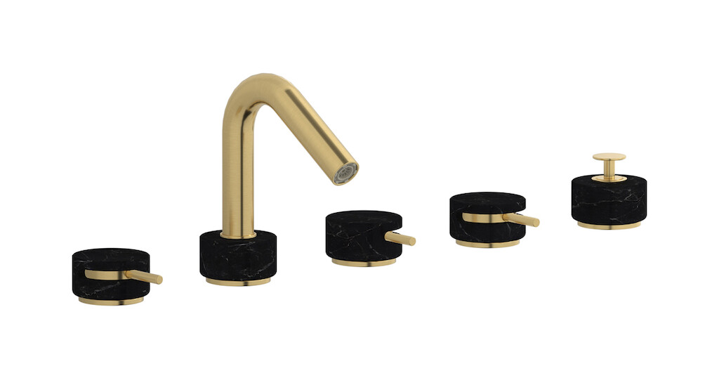 Смеситель на бортик ванной на 5 отверстий с дивертером и душевым гарнитуром. WE ARE IB mr396os_2 Brushed Gold Marmo