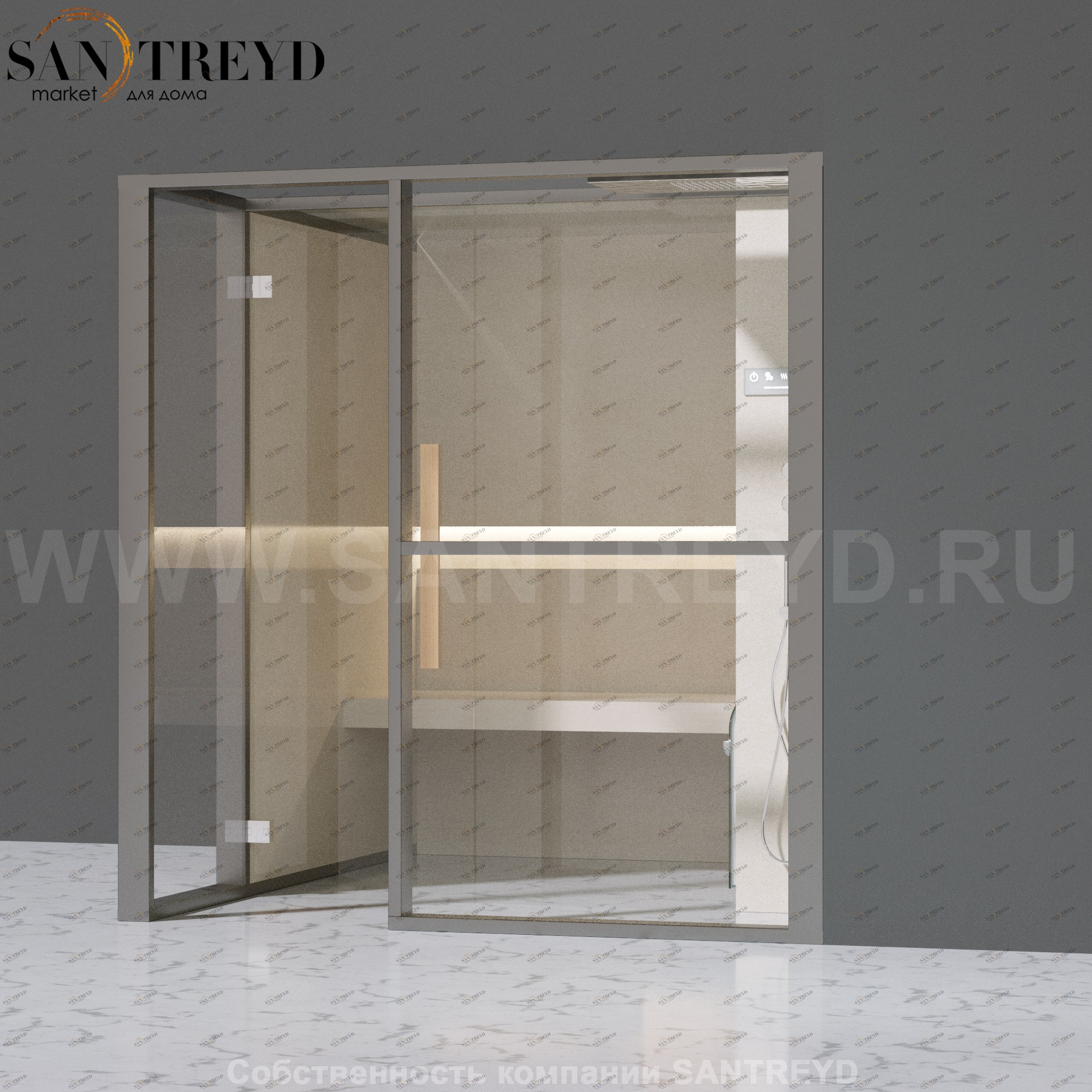 Effegibi LOGICAFILO H LO31010007 Хаммам. Установка: в правый угол. Правая дверь. Мощность: 4,5 кВт макс. Размеры: длина 214 см, ширина 250 см. Отделка: матовый лакированный серый аллюминий и бежевый ламинат из керамогранита.