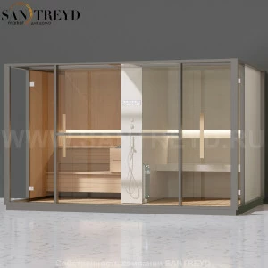 Effegibi LOGICA LO10010004 Комбинированная баня: хаммам и сауна. Установка: к стене. Мощность: 10,5 кВт макс. Размеры: длина 373 см, ширина 250 см. Отделка: канадский хемлок, матовый лакированный серый аллюминий и бежевый ламинат из керамогранита.