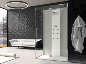 Стальная и стеклянная угловая душевая кабина с распашной дверью