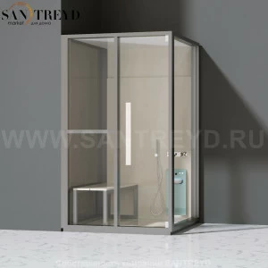 Effegibi H SMALL LO82010004 Комбинированная баня: хаммам и душ. Установка: в левый угол. Левая дверь. Мощность: 3 кВт макс. Размеры: длина 131 см, ширина 92 см. Отделка: матовый лакированный серый аллюминий и бежевый ламинат из керамогранита.