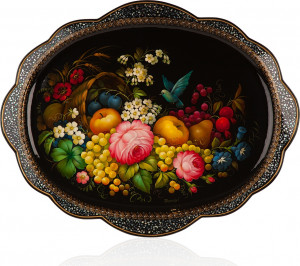 10618062 Жостовская фабрика декоративной росписи Уникальный кованый поднос 68х55см "Песня леса" Сталь