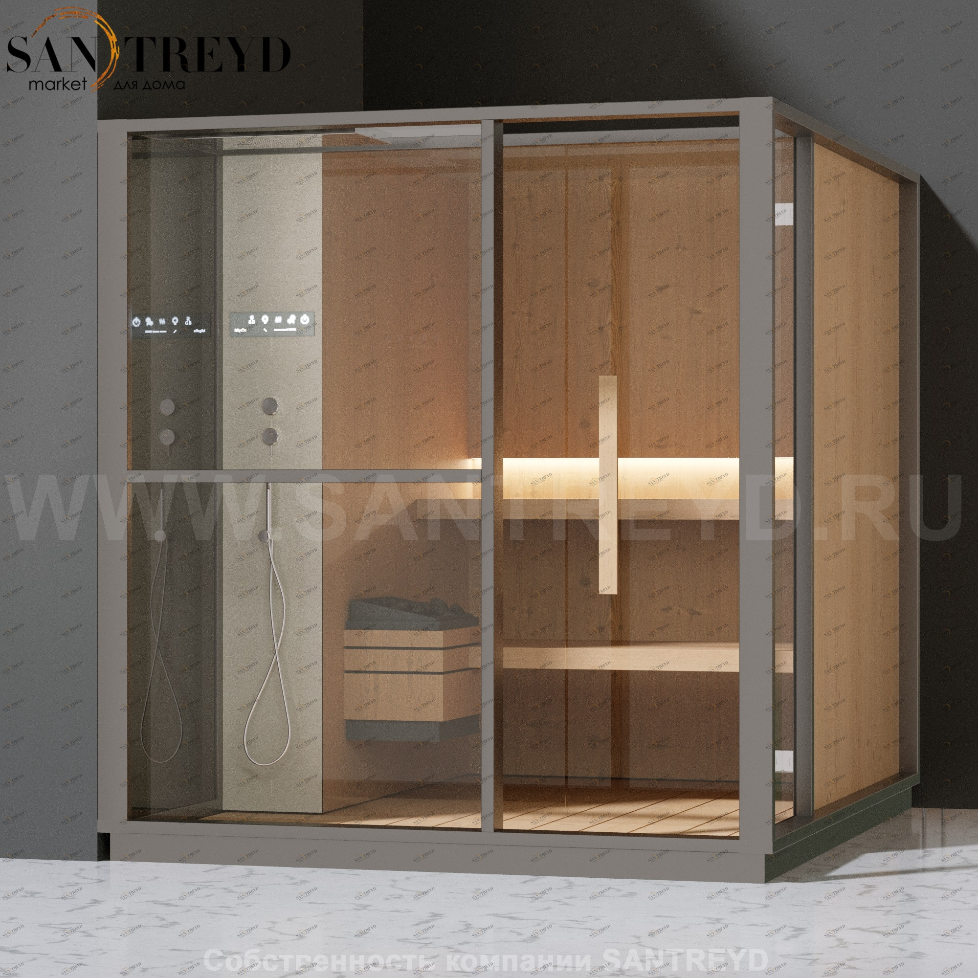 Effegibi LOGICA S LO20010006 Сауна. Установка: в левый угол. Левая дверь. Мощность: 6 кВт макс. Размеры: длина 214 см, ширина 250 см. Отделка: канадский хемлок, матовый лакированный серый аллюминий и бежевый ламинат из керамогранита.