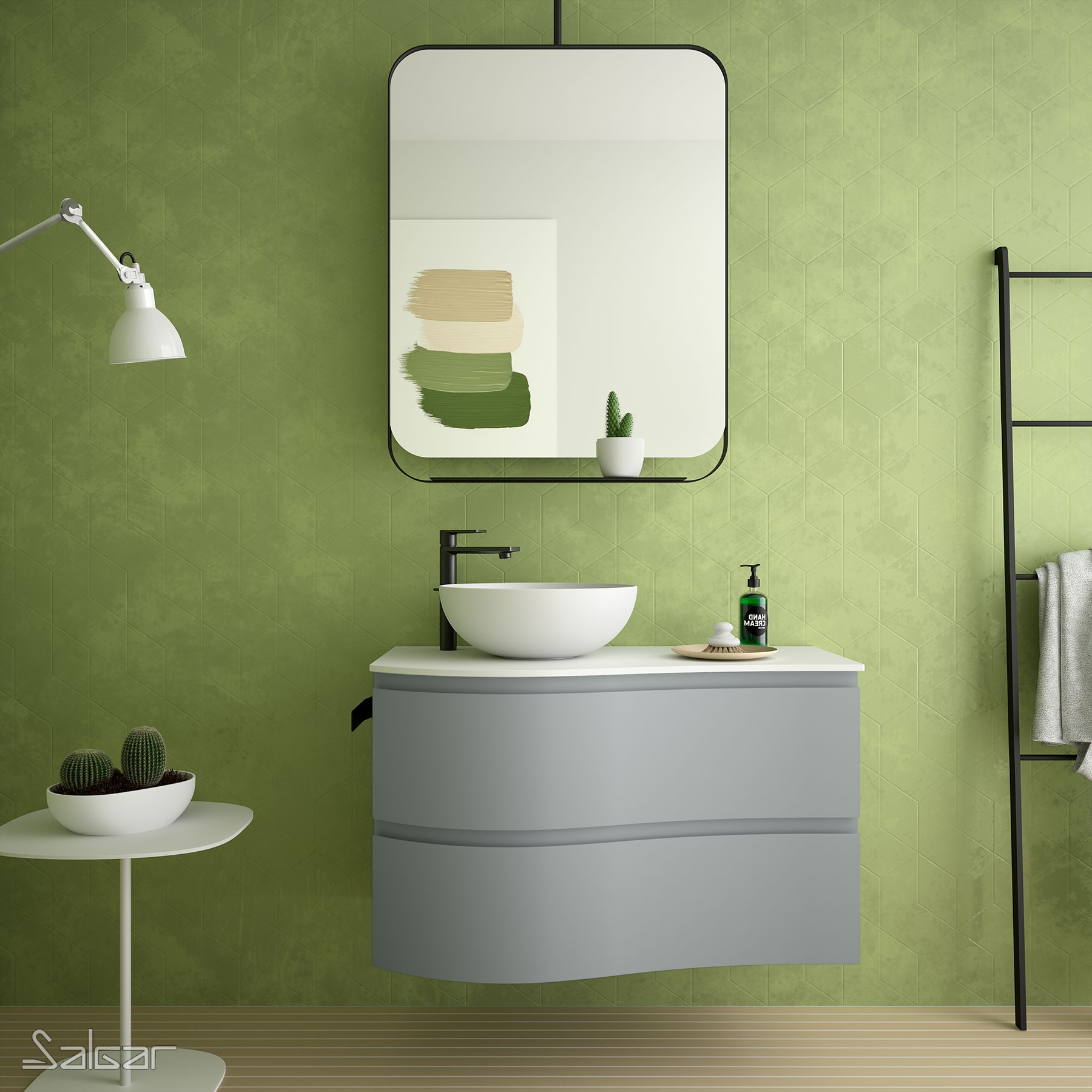 83857 SALGAR Подвесной умывальник MAM 900 BLUE FOG справа 2 металлических ящика с функцией soft close 897 x 540 x 505 мм Синий туман  - Вид №1