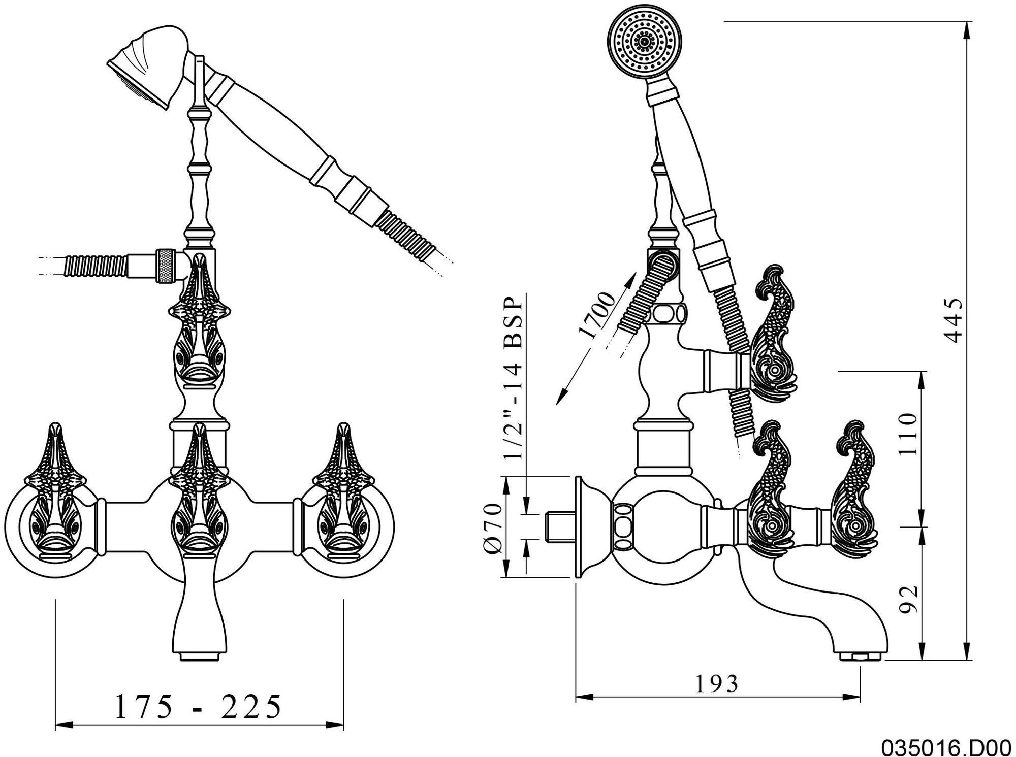 Bronces Mestre Настенный смеситель для ванны на 2 отверстия с ручным душем Retro 035016.d00.50 - Вид №1