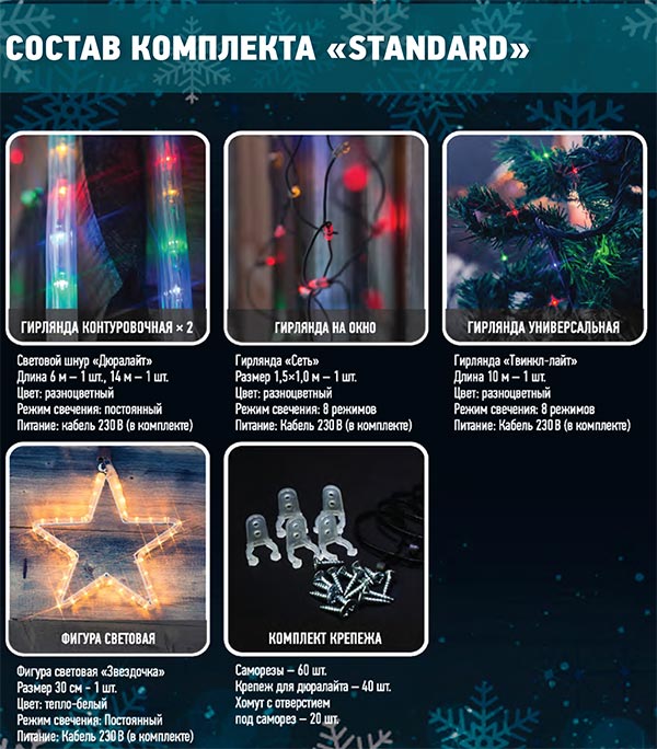 Новогодний набор для украшения дома "Standard" 5 предметов, цвет гирлянд теплый белый SUPERNW ГИРЛЯНДЫ, ГИРЛЯНДЫ И ОСВЕЩЕНИЕ 097677 Белый  - Вид №1