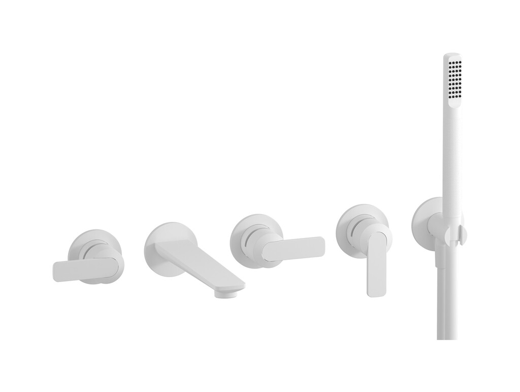 Настенный смеситель для ванной на 5 отверстий с дивертером и душевым гарнитуром. WE ARE IB c6398bo Matt White C-67