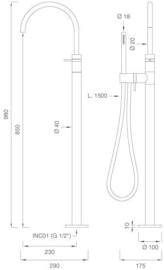 Ceadesign Напольный смеситель для ванны из нержавеющей стали с ручным душем Gradi Gra 24 - Вид №1