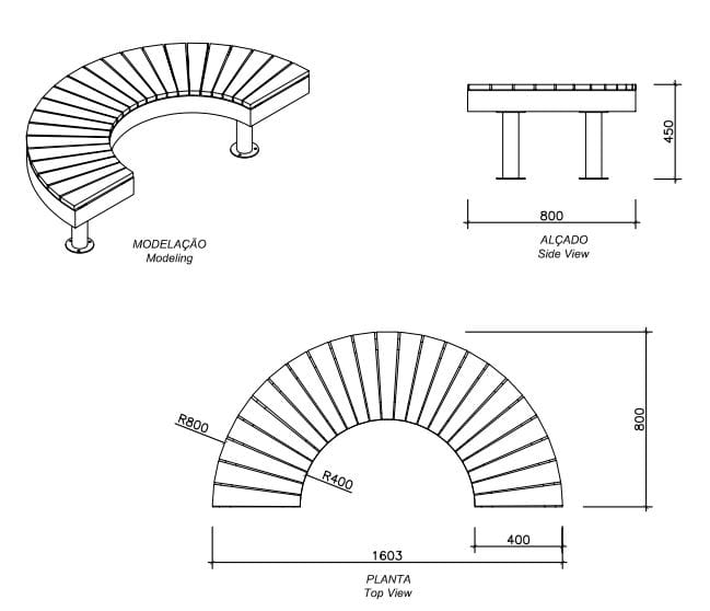 Изогнутая скамейка из бетона и дерева без спинки amop основы ARCH-00103660 - Вид №2