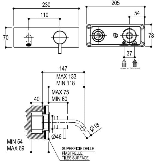 Однорычажный настенный смеситель для раковины с 2 отверстиями Ritmonio диаметр 35 S ARCH-00071283 - Вид №2