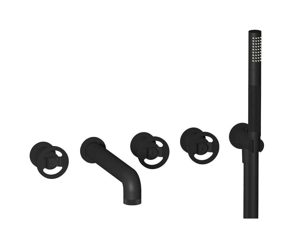 Настенный смеситель для ванной на 5 отверстий с дивертером и душевым гарнитуром. WE ARE IB b1398np Matt Black Bold