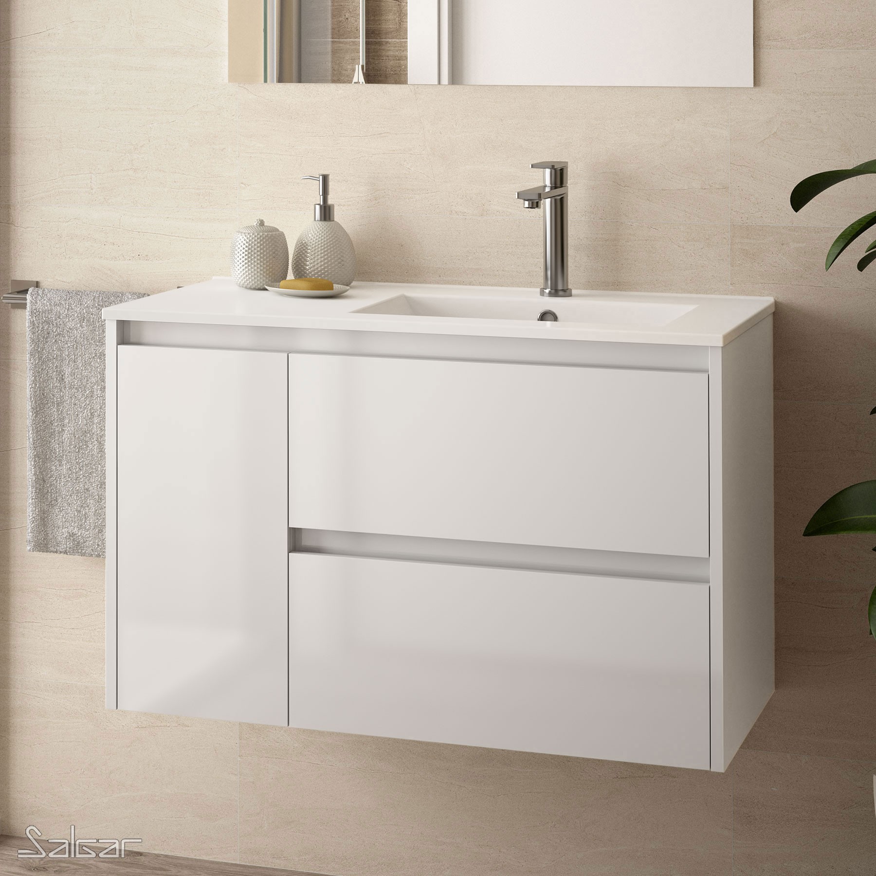 85066 SALGAR Мебель для умывальника NOJA 855 1 левая дверь WHITE GLOSS LACQUERED + Раковина Глянцевый белый