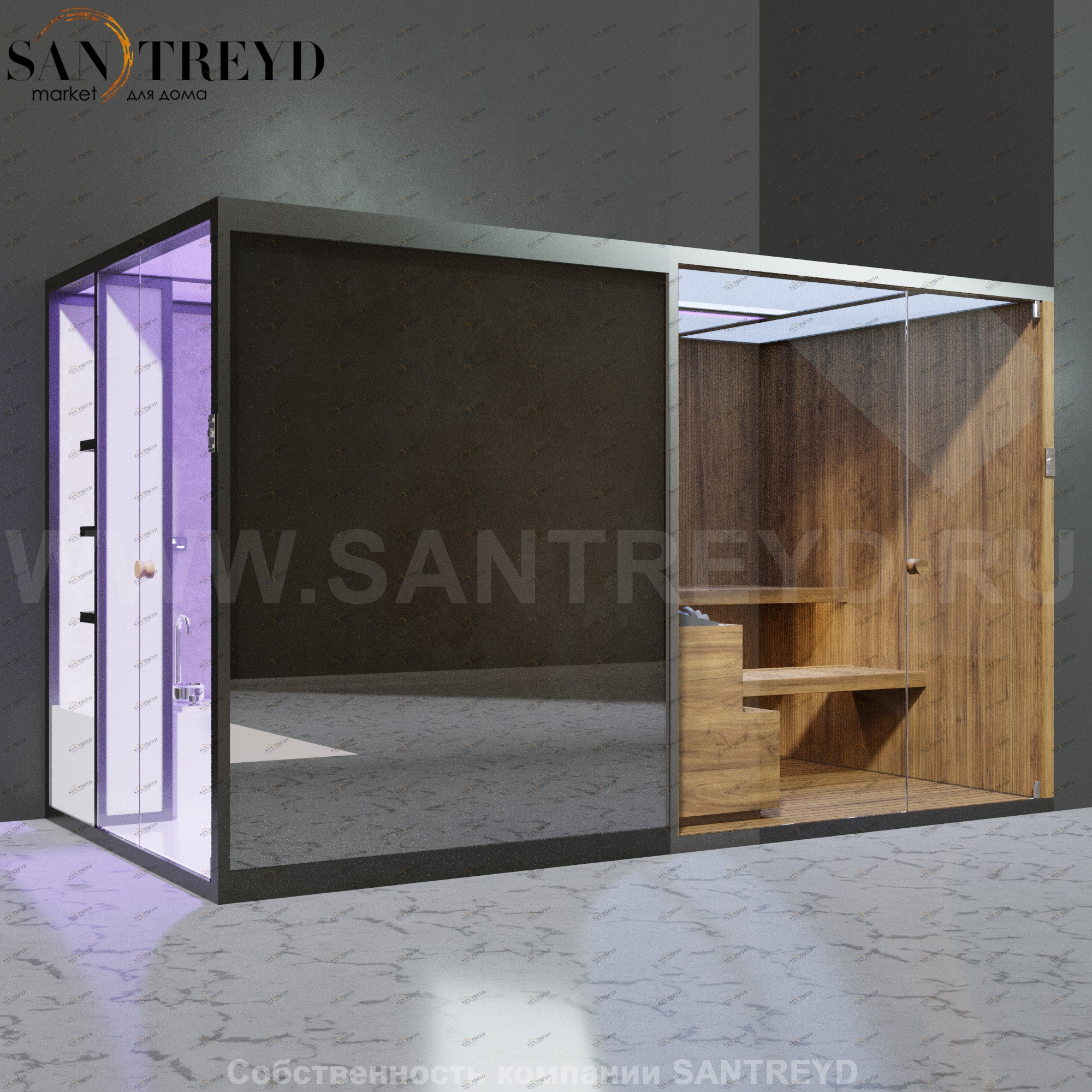 Effegibi BODYLOVE SH BL45210003 Боковая комбинированная баня: хаммам и сауна. Установка: в правый угол. Мощность: 15 кВт макс. Размеры: длина 393 см, ширина 176 см. Отделка: термообработанная древесина, светлый керамогранит и зеркало.