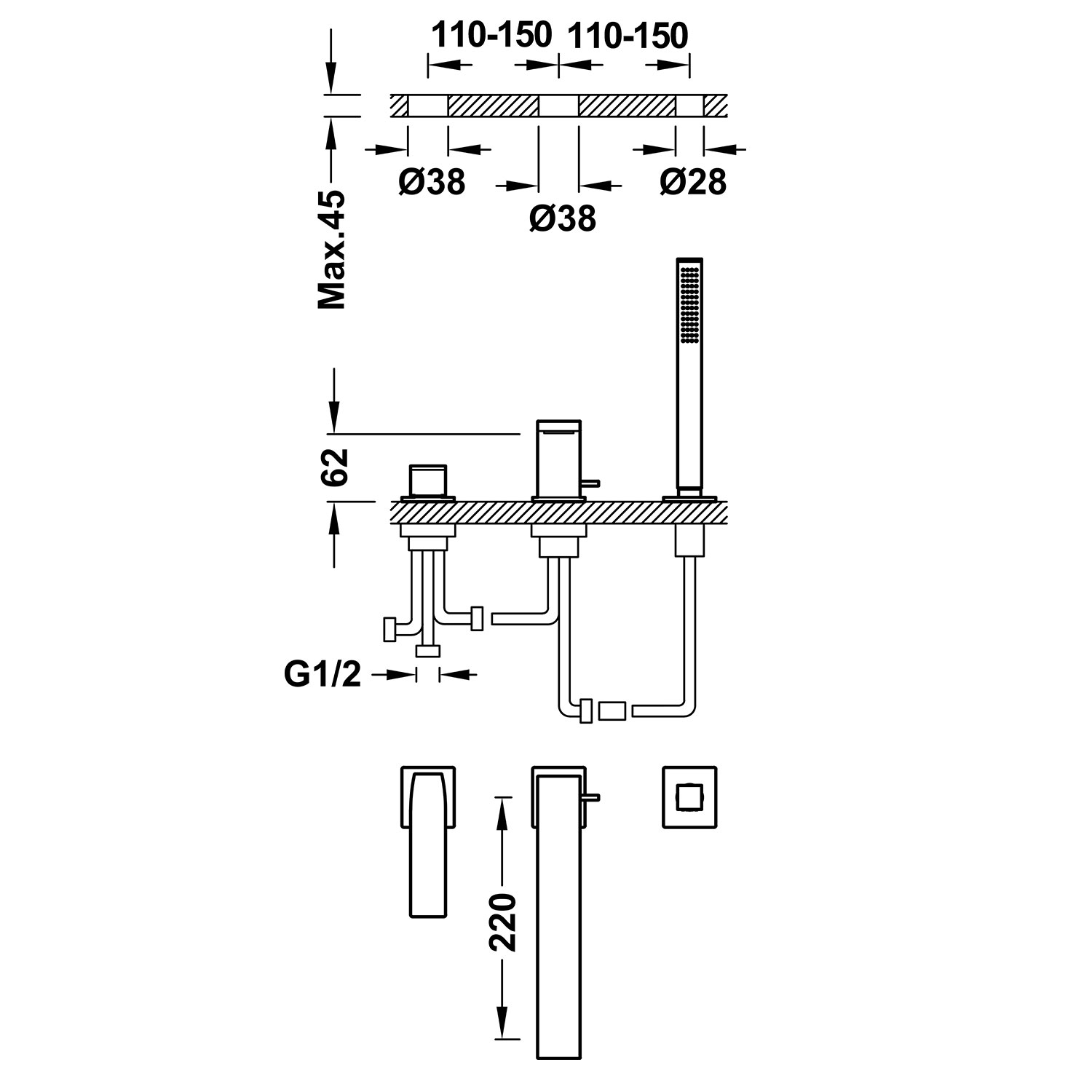 ТОНКИЙ смеситель для ванны с одной ручкой -20216101 TRES  - Вид №1