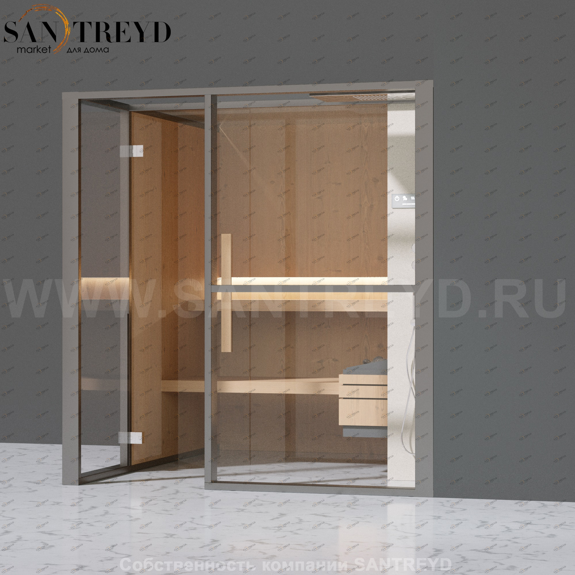 Effegibi LOGICAFILO S LO21010007 Сауна. Установка: в правый угол. Правая дверь. Мощность: 6 кВт макс. Размеры: длина 214 см, ширина 250 см. Отделка: канадский хемлок, матовый лакированный серый аллюминий и бежевый ламинат из керамогранита.