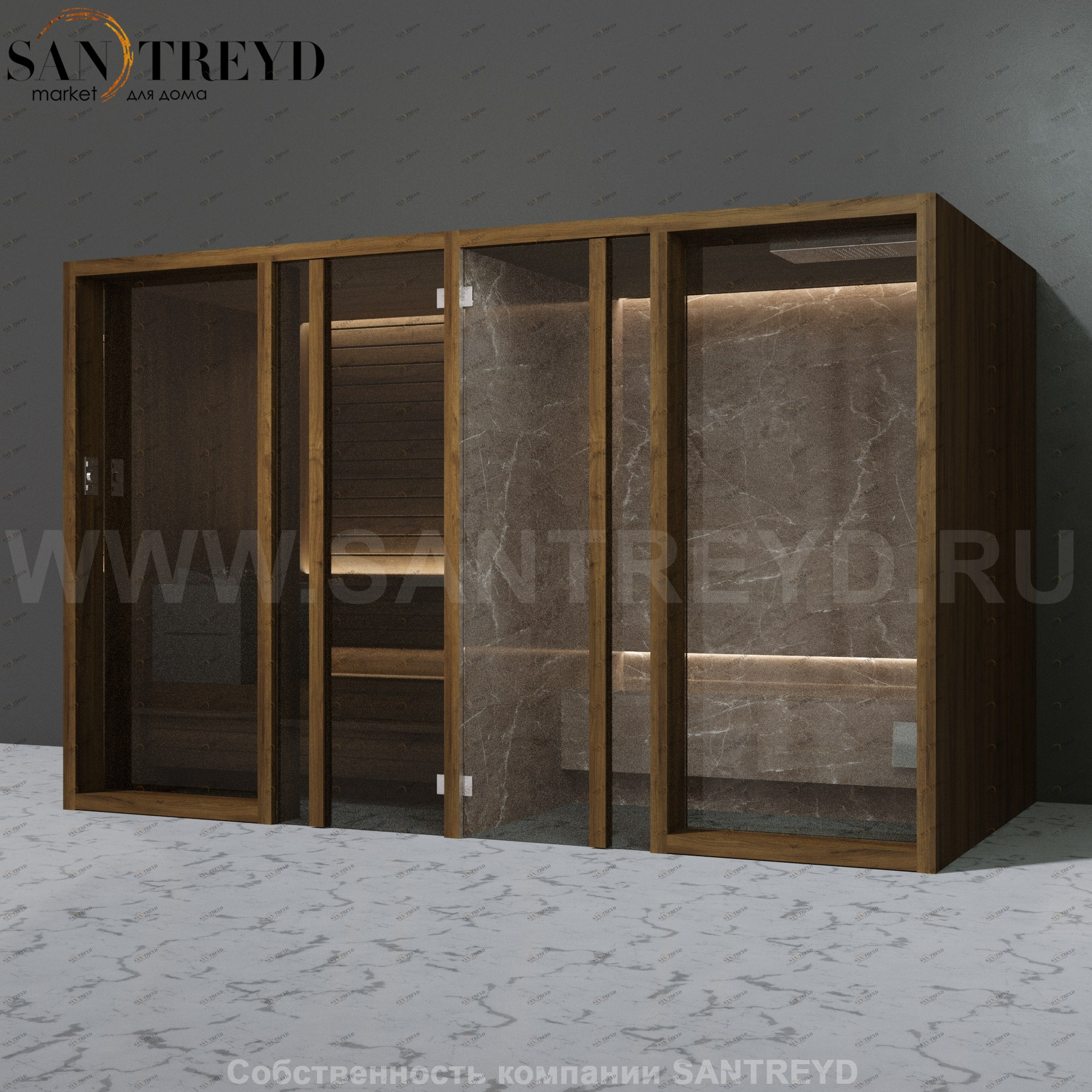 Effegibi YOKU.G SH YO.30320004 Комбинированная баня: хаммам и сауна. Установка: к стене Мощность: 10,5 кВт макс. Размеры: длина 342 см, ширина 170 см. Отделка: чёрный орех и темный керамогранит YO30320004