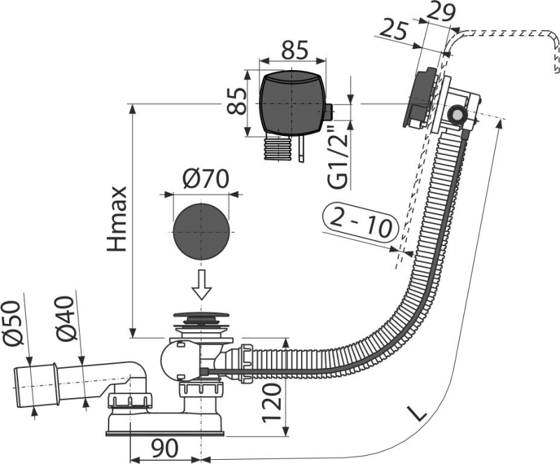 Сифон для ванны автомат с напуском воды через перелив, черный-мат ALCAPLAST A564BLACK - Вид №1