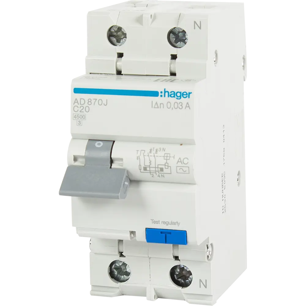 Дифференциальный автомат Hager AD870J 1P N C20 A 30 мА 4.5 кА AC STLM-2132404