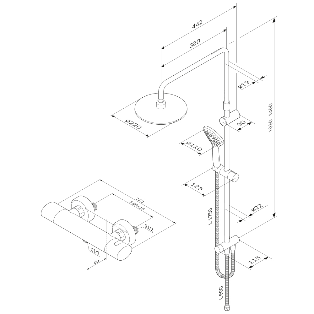 F4087544 набор: душевая система смеситель д/душа с термостатом хром шт. AM.PM Sense - Вид №1