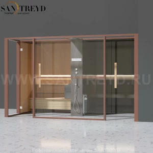 Effegibi LOGICAFILO LO11030003 Комбинированная баня: хаммам и сауна. Установка: в правый угол. Мощность: 10,5 кВт макс. Размеры: длина 373 см, ширина 250 см. Отделка: канадский хемлок, матовый лакированный коричневый аллюминий и темный ламинат из керамогр