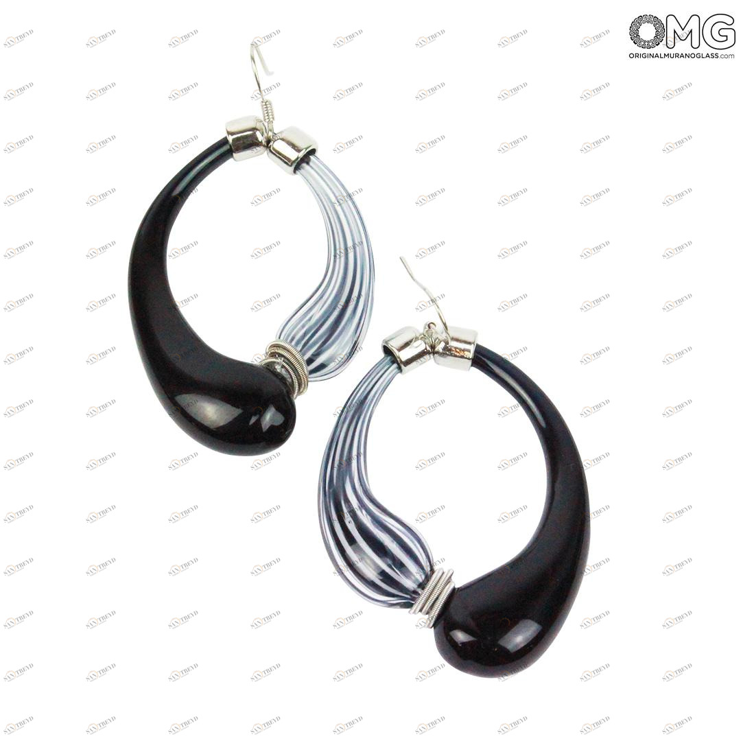 990 ORIGINALMURANOGLASS Серьги Дениз - высокая филигрань черные-белые - муранское стекло OMG 5 см 