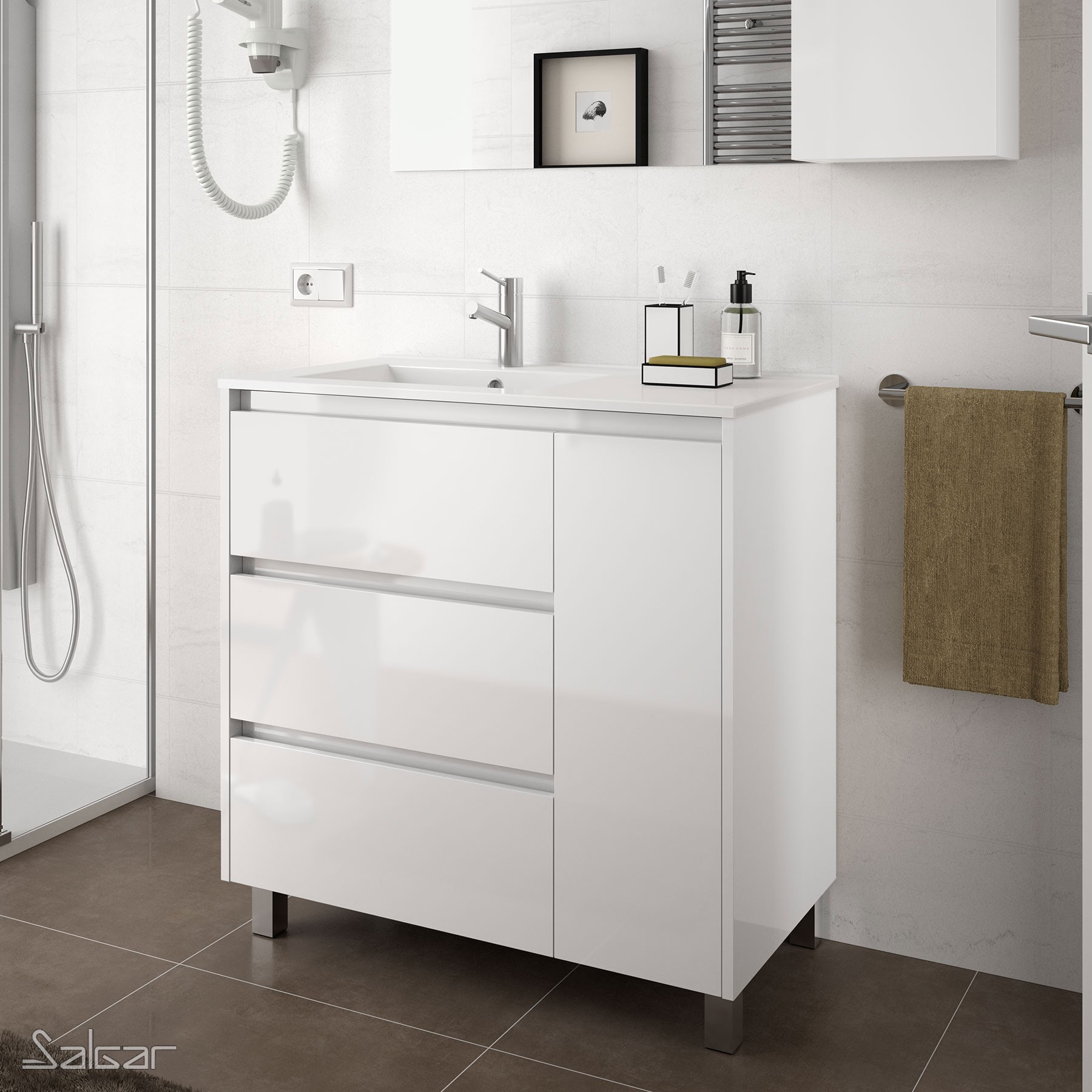 85118 SALGAR Мебель для умывальника ARENYS 855 WHITE GLOSS LACQUERED + Раковина Глянцевый белый